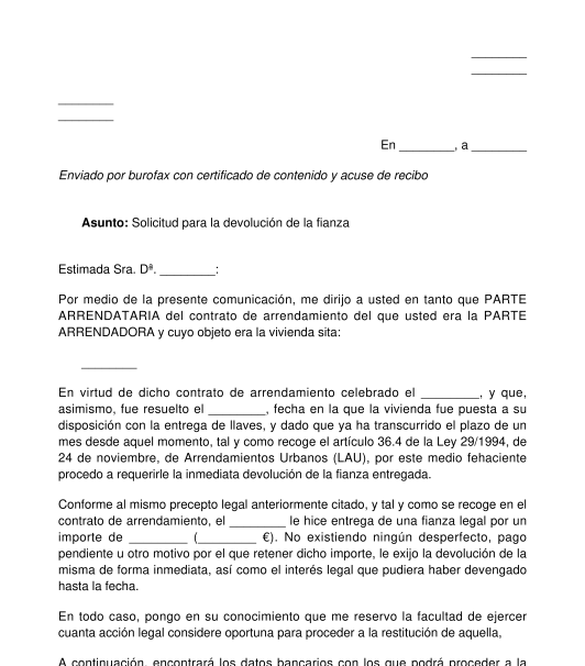 Carta Para Reclamar La Devolución De La Fianza Al Arrendador 1553