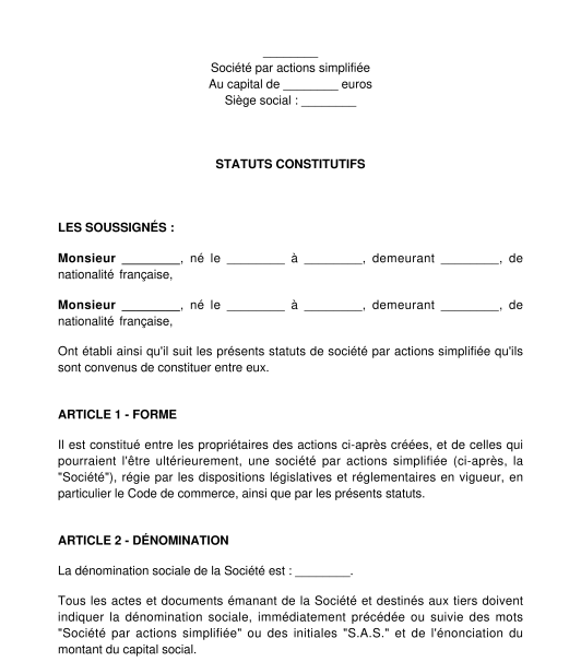 Statuts SAS/SASU  Modèle, Exemple Word et PDF