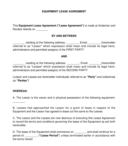 Equipment Lease Agreement Template Word & PDF