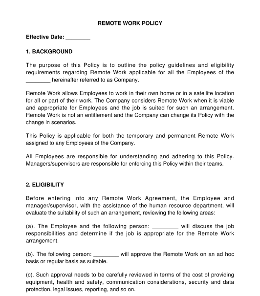 Remote Work Policy Sample Template Word PDF