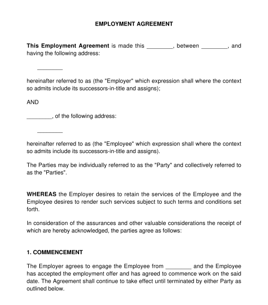 Employment Agreement - Sample Template - Word and PDF