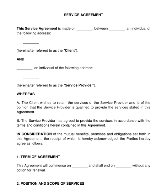 Service Agreement - Sample Template - Word and PDF