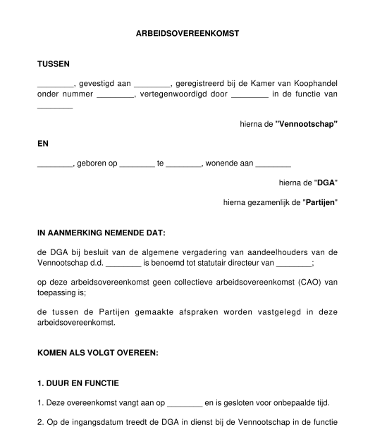 Arbeidsovereenkomst DGA model, voorbeeld