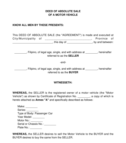 Deed Of Absolute Sale Of A Motor Vehicle Template 