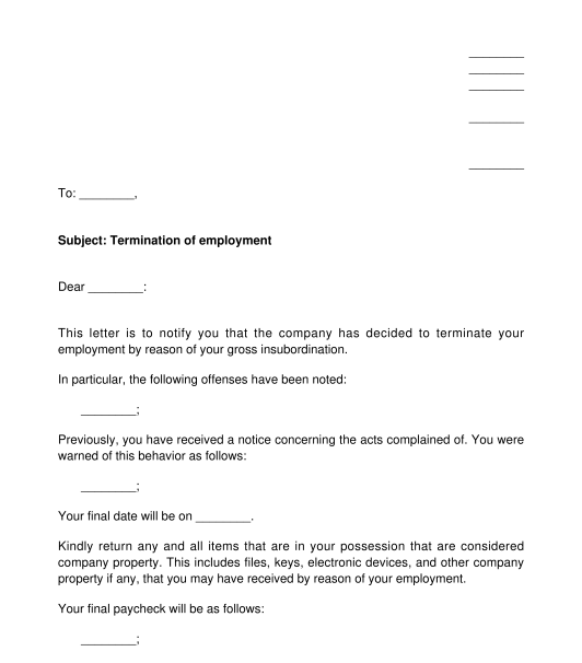 Employment Termination Letter Sample Template