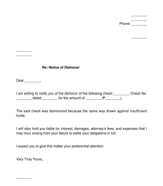 Notice of Dishonor for Bounced Check Sample Template