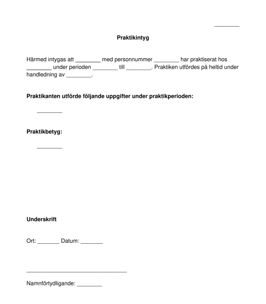 Praktikintyg - Mall, Exempel Att Fylla I - Word Och PDF