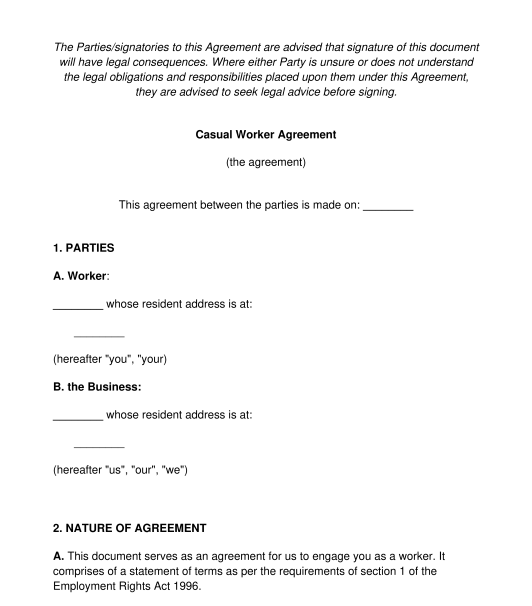 Casual Worker Agreement Template Word And Pdf 1110