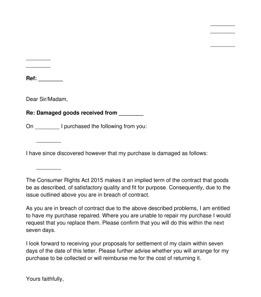 Letter To Claim A Refund Replacement Or Repair Of Damaged Goods