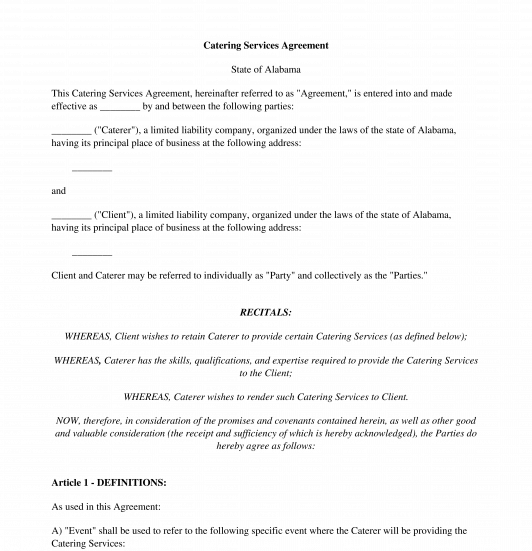 Catering Agreement Sample, Template Word & PDF