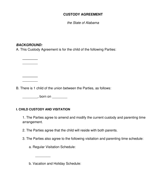 Child Custody Agreement Template Word PDF