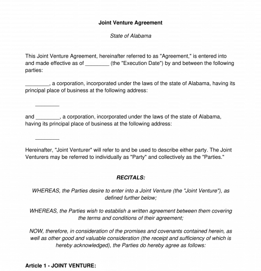 Joint Venture Agreement Template Word & PDF