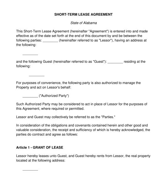 ShortTerm Lease Agreement FREE Sample, Template