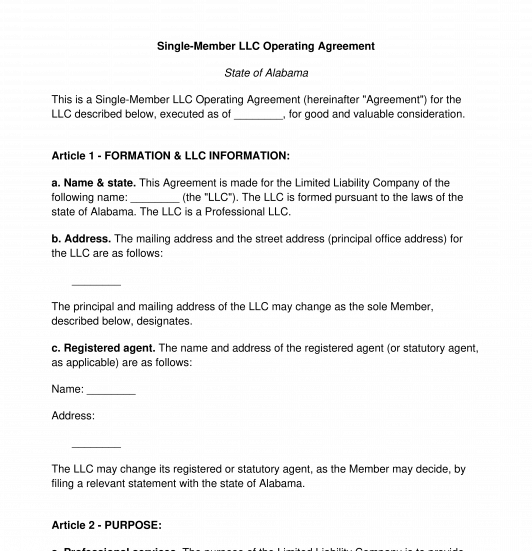 Single Member LLC Operating Agreement Template