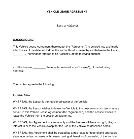 vehicle lease agreement template word pdf